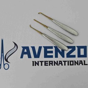 Set of 3 Warwick James dental root elevators with gold titanium tips including straight, left, and right angled instruments.