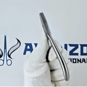 Side profile view of stainless steel orthodontic wire bending pliers held securely with a white gloved hand.