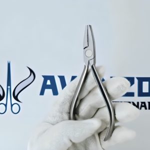 Frontal view of professional stainless steel orthodontic pliers held vertically by a person wearing white gloves.