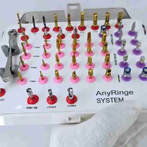 Close-up view of AnyRinge System dental implant surgical tray showing drill bit sizes.