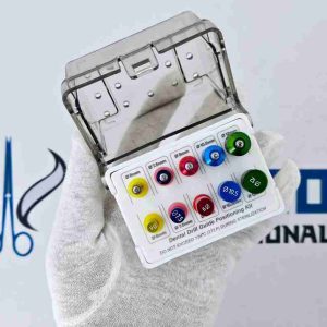 Top angle of dental implant drill guide positioning tools stored in labeled sizing tray with clear lid.