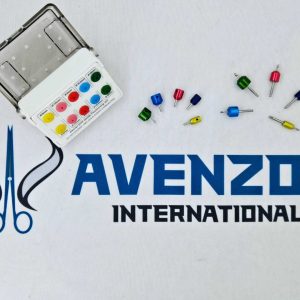 Avenzor International surgical drill guide positioning tools displayed alongside empty sterilizing case.
