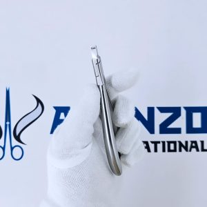 Side view of gloved hand holding stainless steel orthodontic pliers vertically.
