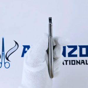 Close-up side view of stainless steel orthodontic pliers held by gloved hand.