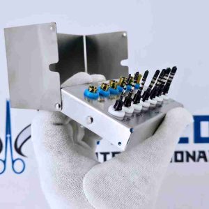 Side angle of stainless steel dental implant drills and stoppers set.