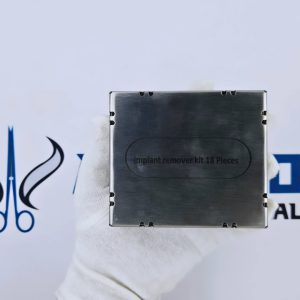 Top cover of 18-piece dental implant remover kit cassette showing laser-etched product identification text.