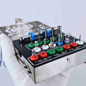 Overhead top-down view of 18-piece dental implant remover set showing labelled slots for trephines and fixtures.