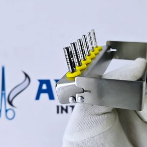 Close-up of dental long trephine drill kit showcasing depth markings and hollow saw teeth design.