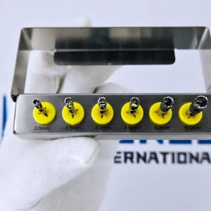 Top view of dental long trephine drill set labeled from 3.0mm to 6.0mm with Avenzor branding.
