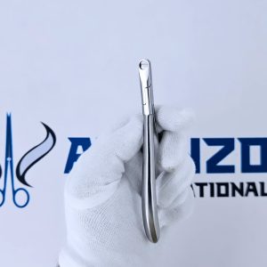 Stainless steel punch hole clear aligner plier held by a gloved hand against an Avenzor International logo.