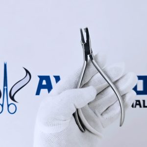 Tear Drop Clear aligner plier-1.jpg Alt Text: Stainless steel tear drop clear aligner plier held by gloved hand.
