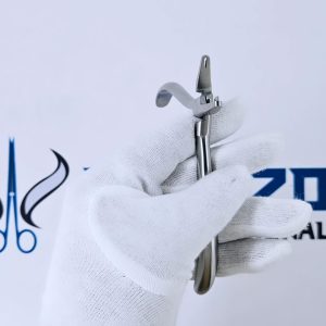 Side view of stainless steel tear drop clear aligner plier instrument.