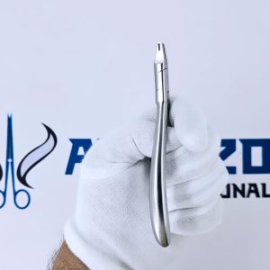 Vertical profile of tear drop clear aligner plier held in white glove.