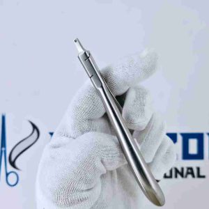Side profile showing the precision working tip of a tear drop punch plier instrument.