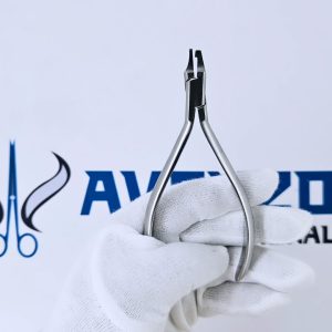 Stainless steel vertical clear aligner plier held by a gloved hand.