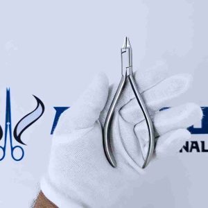 Front view of a vertical clear aligner plier in a gloved hand.