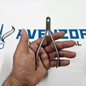 Handheld full view of Avenzor ergonomic stainless steel dental crown remover pliers.