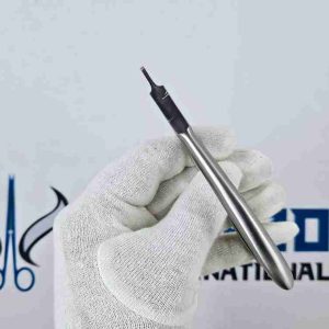 Gloved hand holding a professional stainless steel surgical scalpel handle by Avenzor International.