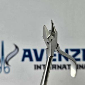 Close up view of precision stainless steel beaks on orthodontic wire forming pliers by Avenzor.