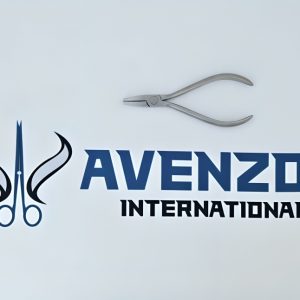 Stainless steel orthodontic pliers displayed horizontally on a white surface above Avenzor International logo.