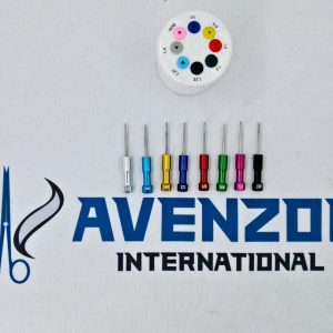 Avenzor dental implant driver set stored in purple transparent case.
